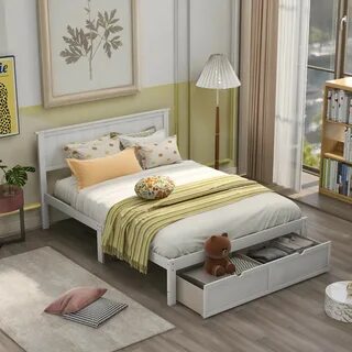 Amazon.com: P PURLOVE Full Size Platform Bed with Drawer Wood Storage Bed F...