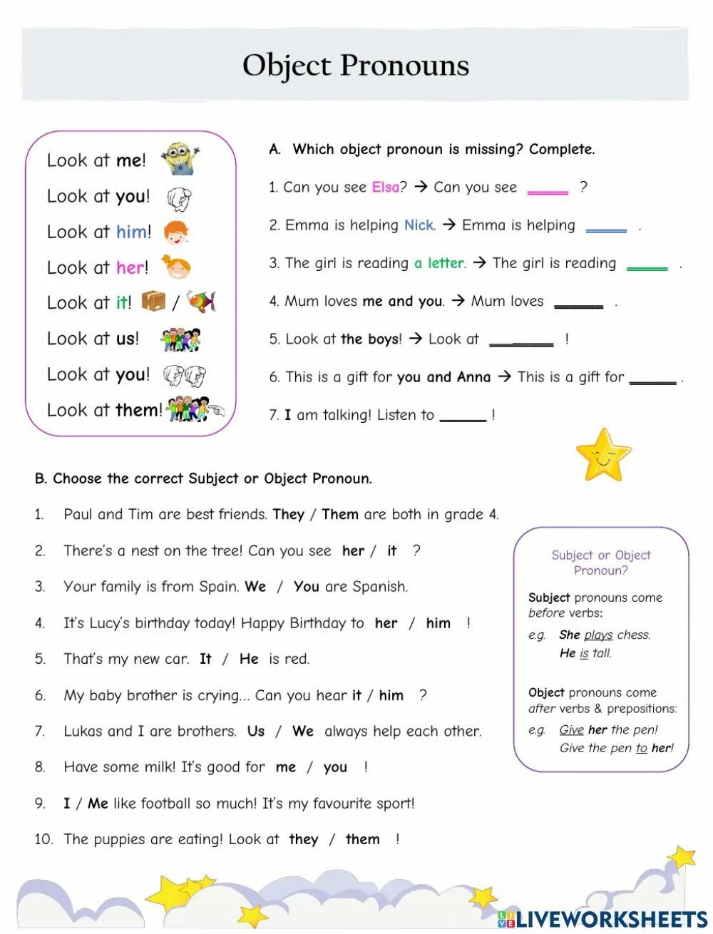 Choose the personal pronoun. Objective pronouns упражнения. объектные местоимения в английском языке. subject pronouns задание. object pronouns for beginners.