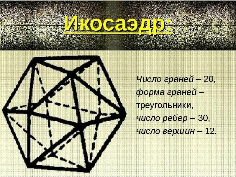 Икосаэдр имеет число граней. Икосаэдр вершины ребра грани. грани рёбра вершины икосайдра. число граней икосаэдра. икосаэдр число ребер.