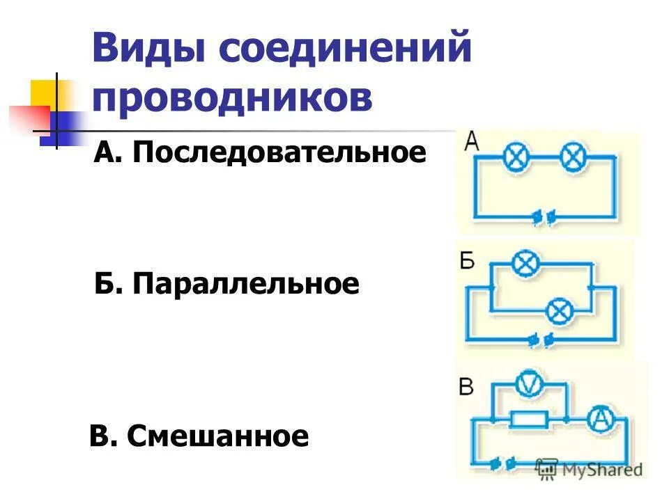 Параллельное соединение проводников тест ответы. Виды соединения проводников. Последовательное и параллельное соединение проводников. Виды соединений проводников параллельное и последовательное. Типы соединительных проводников.