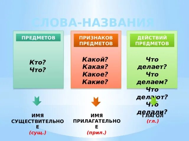 Слова названия предметов отвечают на вопросы. Имя сущ прил глагол. Слова названия признаков предметов. Предмет признак действие. Кто что какой какая.