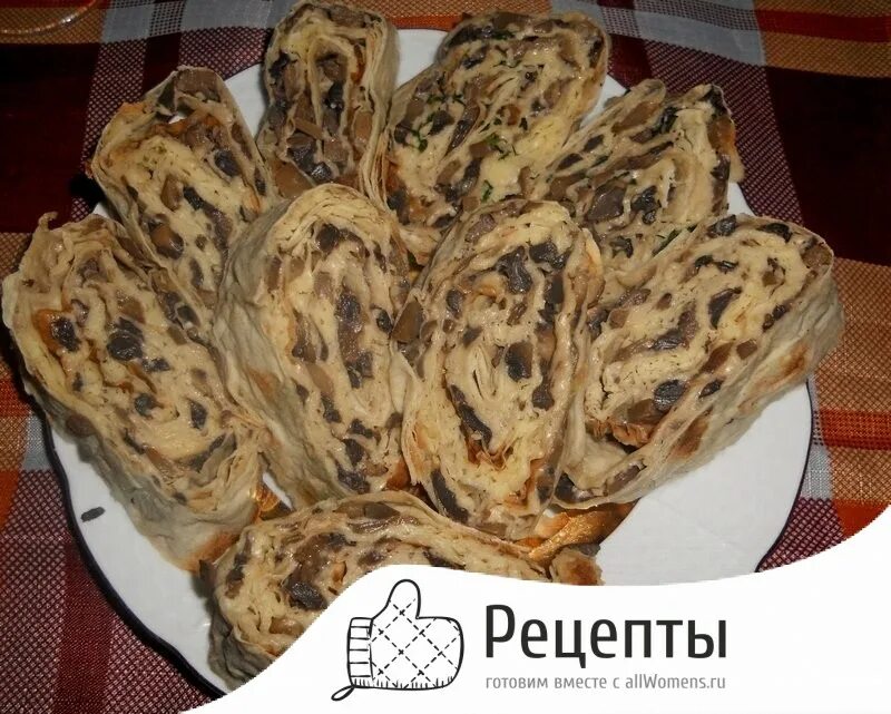 Lavash rolls with mushrooms For 1 thin lavash 200 g of mushrooms, 0.5 bulbs, 100