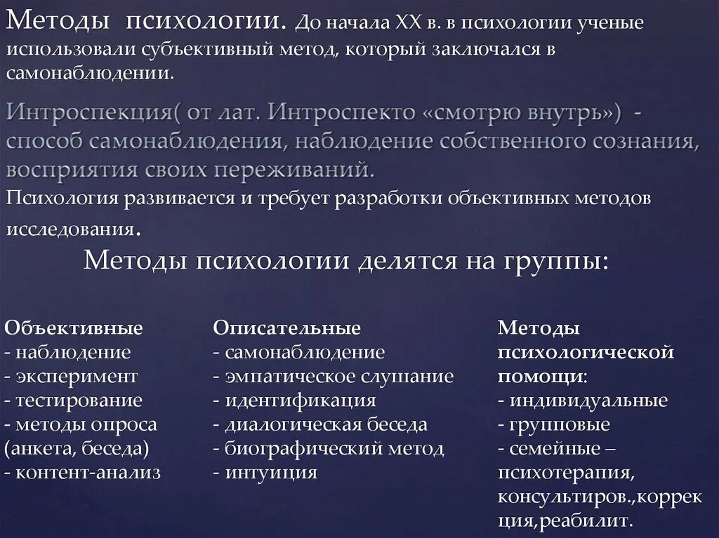 Методы психологии. Метод самонаблюдения в психологии. Метод интроспекции в психологии. Субъективные и объективные методы психологии. Тесты психология групп