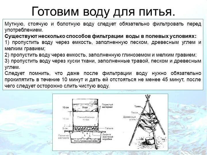 Очистка воды в полевых условиях. Методы фильтрации воды в полевых условиях. Способы очистки воды в природных условиях. Способы очистки и обеззараживания воды в природных условиях. Способы добывания воды.