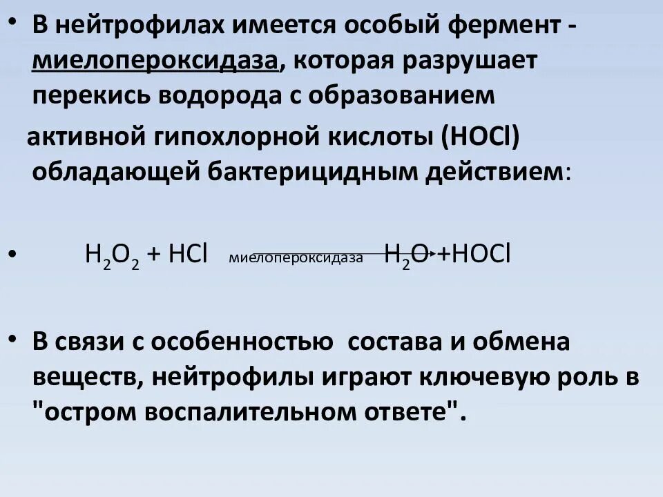 Миелопероксидаза нейтрофилов. Активные компоненты миелопероксидазной системы нейтрофилов. Механизм действия миелопероксидазы. Миелопероксидазная реакция.