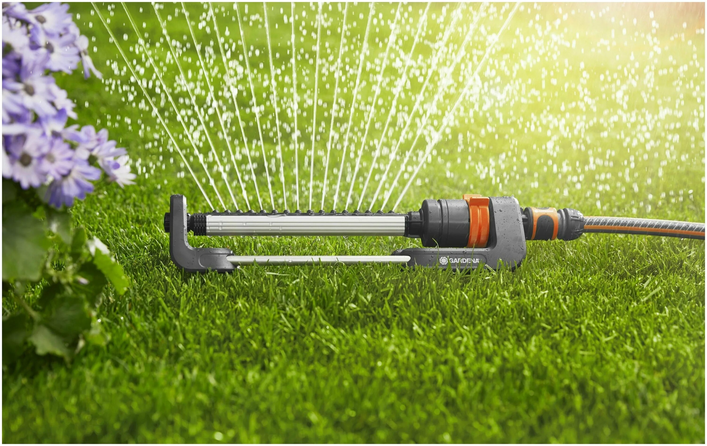 гарден поливная система спринклерного. лужайка в саду. дождеватель hozelock капельный. на полив клумбы. цветы в огороде.