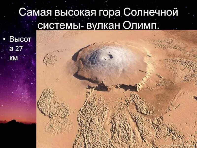 Самая высокая гора в солнечной системе находится. Марс Планета вулкан Олимп. Гора Олимп на Марсе. Марс Планета гора Олимп. Вулкан Олимп на Марсе высота.