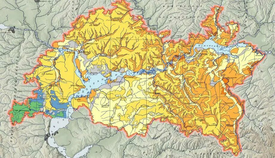 Какой рельеф в казани. Карта рельефа Татарстана. Географическая карта Татарстана рельеф. Геологическая карта Татарстана. Геоморфологическая карта Татарстана.