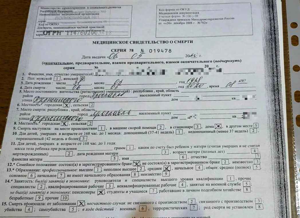 Вещи умершего в больнице