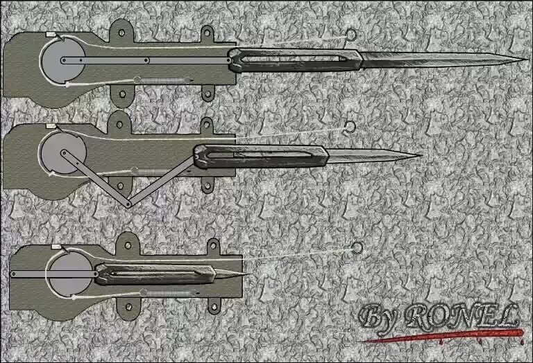 Чертёж скрытого клинка ассасина. Клинок ассасина схема. Механизм скрытого клинка ассасина чертеж. Клинок ассасина чертеж механизма.