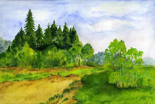 лес гуашью. рисование лес для дошкольников. рисунок на тему природа. лесной пейзаж гуашью. пейзаж акварелью.