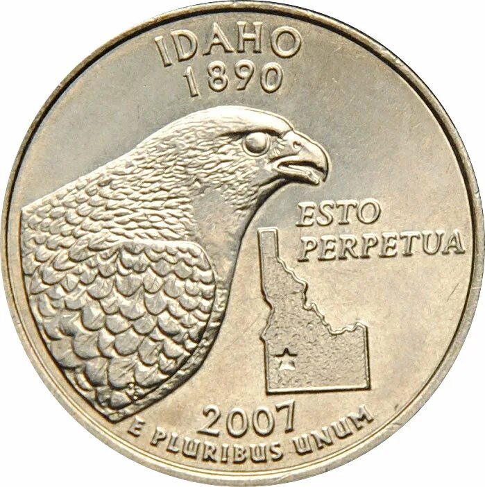 Монеты штатов сша. 25 центов сша 2007 айдахо. монета 25 центов сша айдахо. сша 25 центов 2007 айдахо-сокол-сапсан. монета айдахо юбилейная.