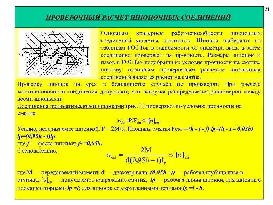 Расчет соединений на смятие. Смятие и срез шпоночного соединения. Расчет прочности призматического шпоночного соединения. Формула прочности шпоночного соединения. Формула расчета призматической шпонки на прочность.