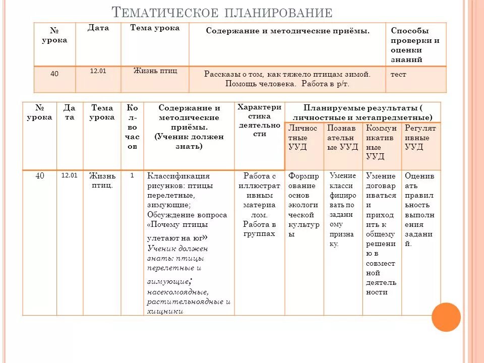 Тематическое планирование урока. Тематическое и поурочное планирование в начальной школе. КТП педагога. 4. Тематическое планирование.. Тем план перелетные