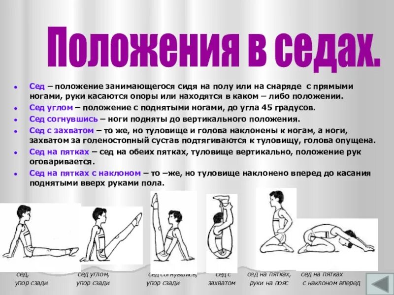 Положение в п с. Положения в гимнастике. упор сидя. сед углом. положение сидя в гимнастике.