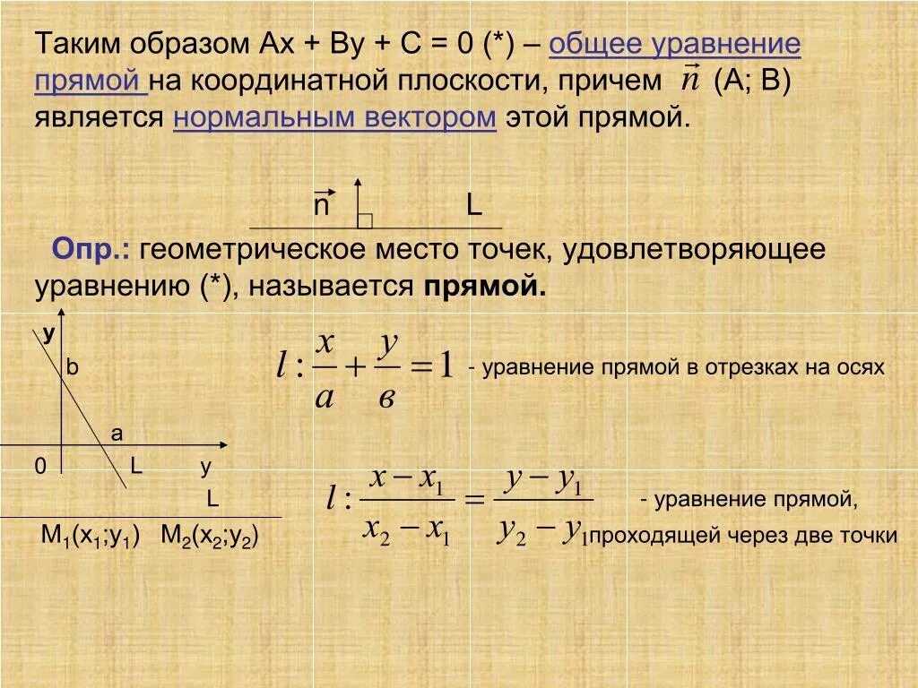 Какие уравнения задают прямую. Общее уравнение прямой на плоскости. Нормальное уравнение прямой на плоскости. Общие векторные уравнения прямой. Уравнение прямой общее уравнение.