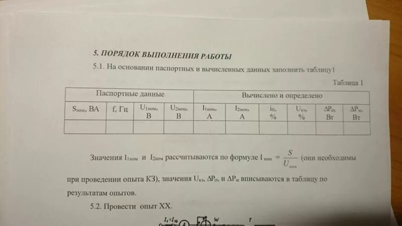 Таблица паспортных данных