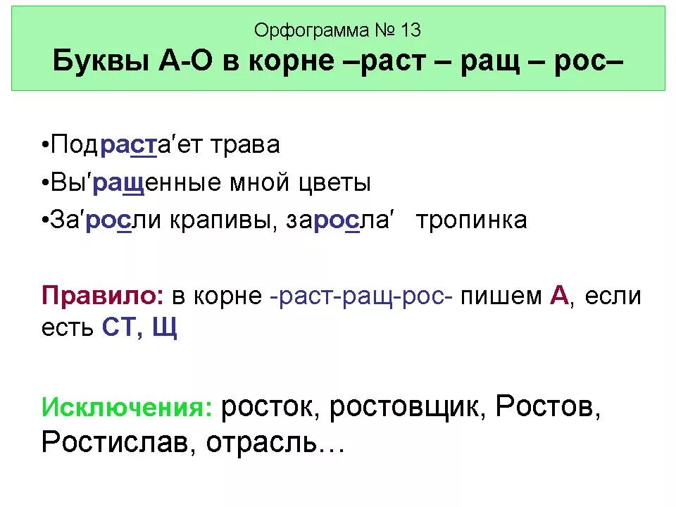 Зелени орфограмма. Буквы а о в корне раст рос ращ. Корни раст ращ рос правило. Что такое орфограмма.