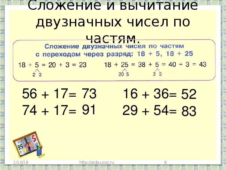 Математика 2 класс вычитание двузначных чисел. Сложение двузначных чисел по частям. Алгоритм устного сложения и вычитания двузначных чисел 2 класс. Способы вычитания чисел 2 класс математика. Переход через разряд в математике