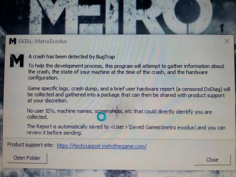 Game has been crashed. Metro Exodus ошибка. Ошибка при запуске метро Exodus. Ошибки при запуске Metro Exodus. Метро исход: вылетает ошибка Fatal.