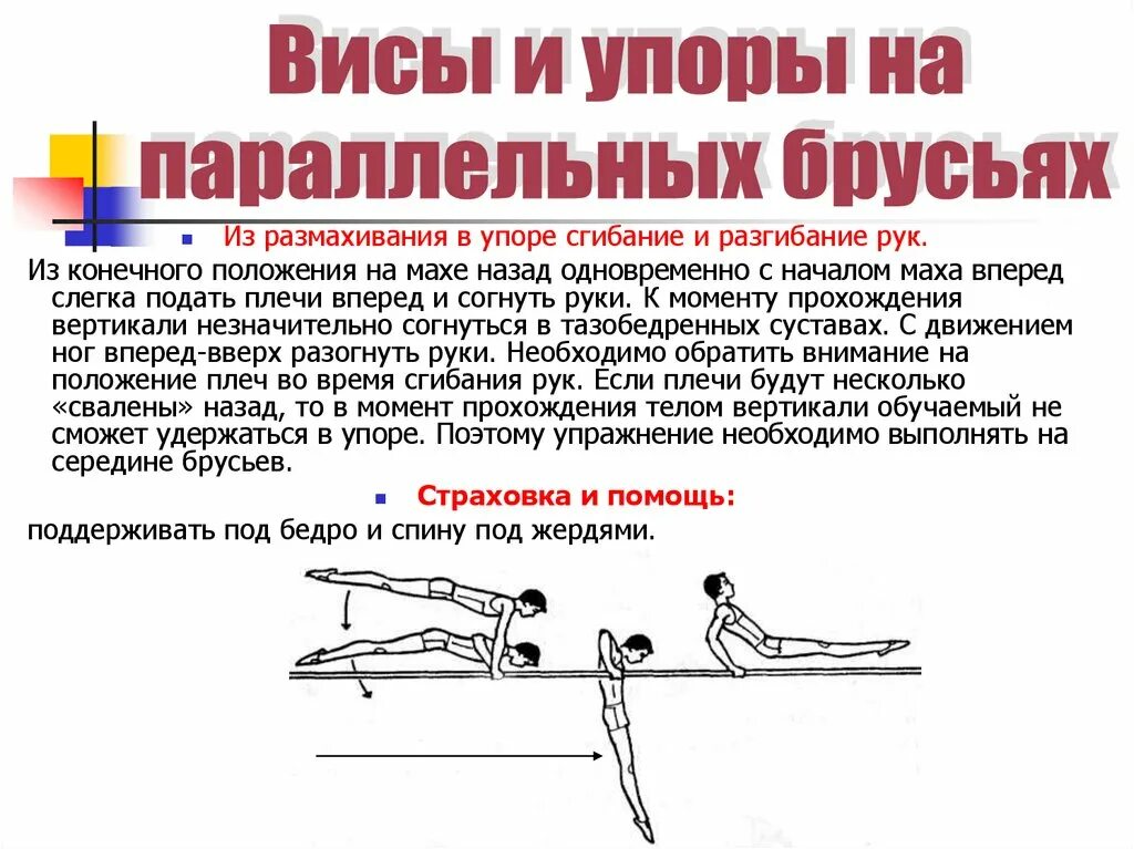 Техника выполнения упора. Висы и упоры на параллельных брусьях. Сгибание и разгибание рук в упоре на брусьях. Размахивание в упоре на брусьях.