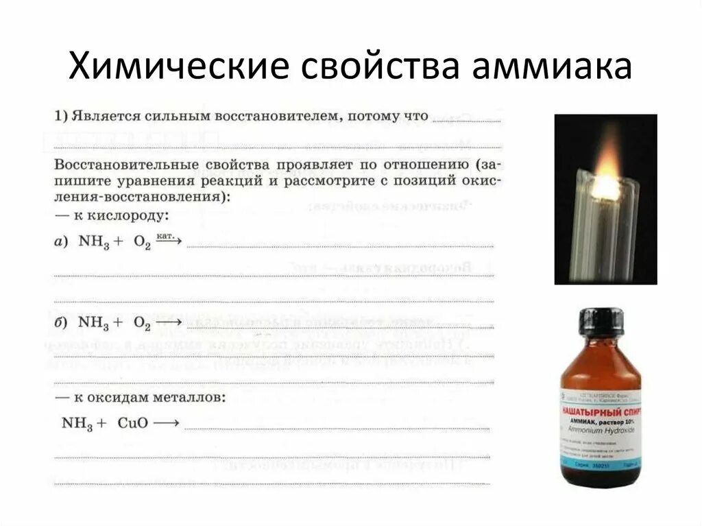 Химические свойства аммиака. Химические свойства нашатырного спирта. Реакция аммиака с солями. Физические и химические свойства аммиака.