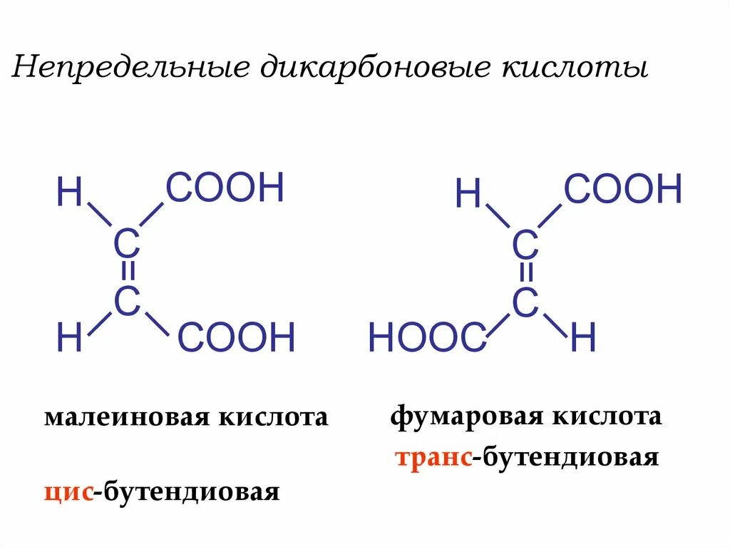 Ненасыщенные дикарбоновые кислоты. Фумаровая кислота (транс-бутендиовая). Малеиновая и фумаровая кислоты. Цис-бутендиовая кислота малеиновая кислота. Формула непредельной карбоновой кислоты