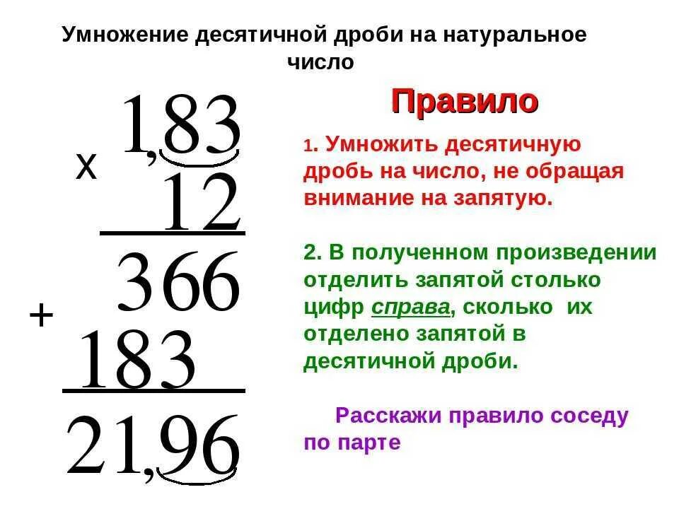 Умножить десятичную дробь на 0. Правило умножения десятичных дробей на натуральное число. Умножение десятичных дробей на натуральное число. Как умножить целое число на десятичную дробь. Умножение целого числа на десятичную дробь.