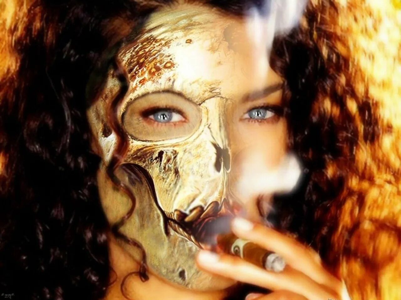 Ни ре. Лицо в огне. Отражение огня на лице. Маска огня. Девушка в маске в огне.
