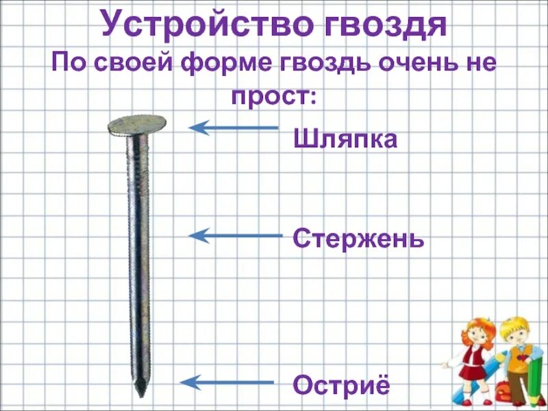 Строение гвоздя. Гвоздь состоит из. Из чево состоит гвоздь. Составные части гвоздя. Гвоздь на английском