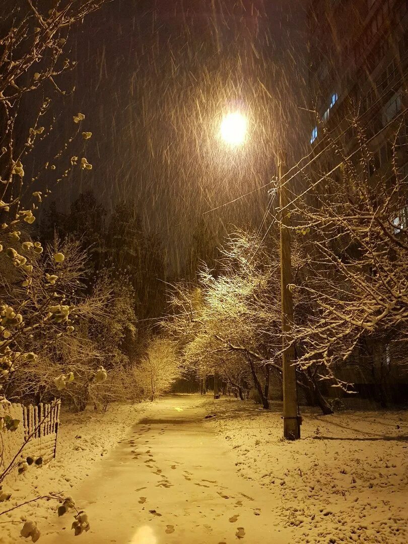 Красивая ноябрьская ночь. Снег ночью. Зима ночь. Первый снег ночью. Снегопад ночью.