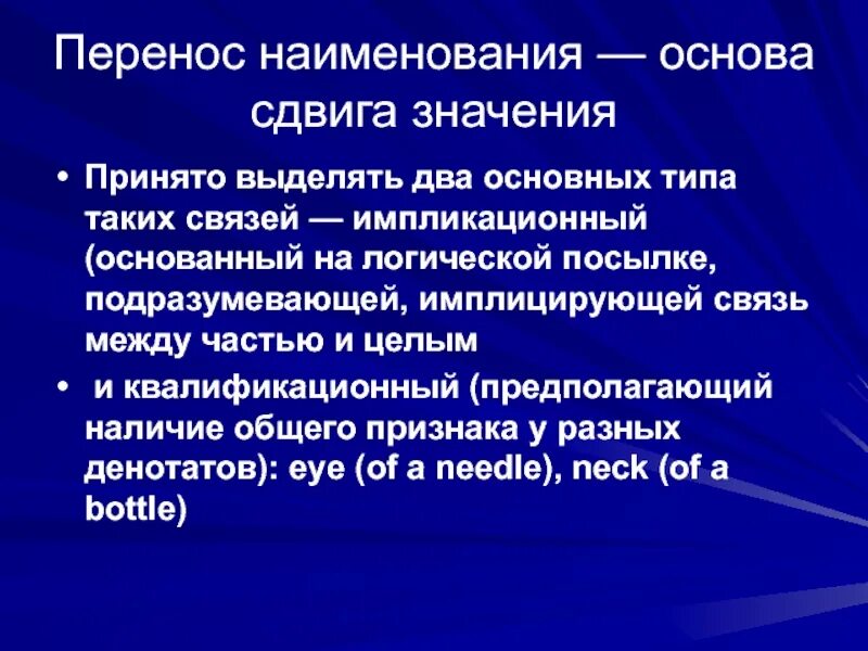 Означенных изменений. Основные типы переноса наименования. Перенос наименования. Смещение значения слова. Импликационный Тип переноса.