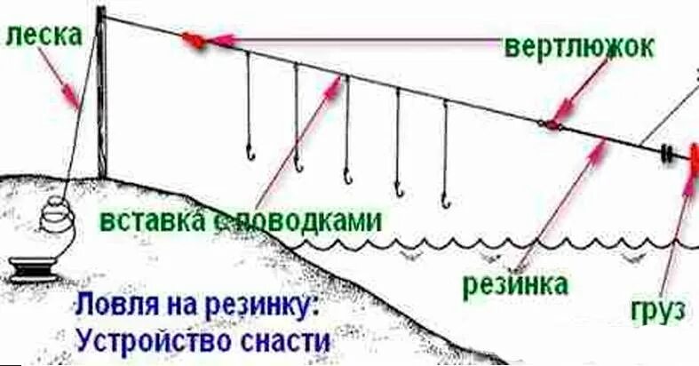 Схема ловли рыбы на резинку. Перемет рыболовный на резинке. Донка резинка для рыбалки. Монтаж резинки для рыбалки. Ловлю рыбы на резинке