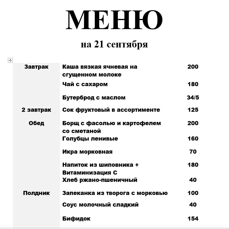 Меню. Ежедневное меню. Образец меню для детского сада. Проект меню.