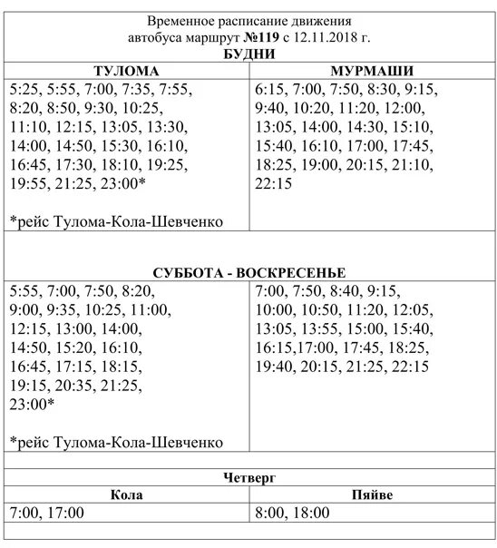 Расписание маршрутки 119. Расписание автобуса 119 Мурмаши Тулома. Расписание автобусов Тулома кола. Расписание 119 автобуса. Расписание 119 автобуса Мурмаши.