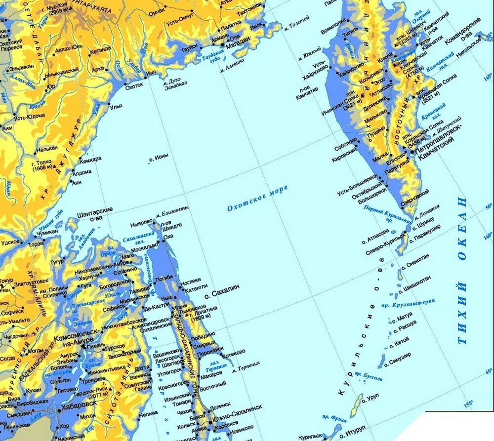 В какой океан впадает камчатка. Дальний Восток Охотское море карта. Камчатка Охотское море карта. Побережье Охотского моря карта. Охотское море физическая карта.