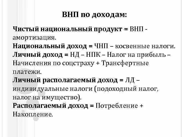 Расчет национального ввп. Национальный доход и ВНП. ВНП И ЧНП. Чистый национальный продукт и национальный доход. ВНП И личный доход.