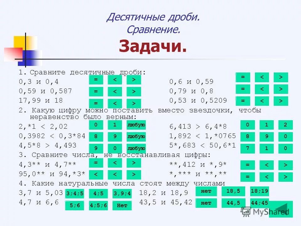 Сравнение десятичных дробей 1 2 1 2