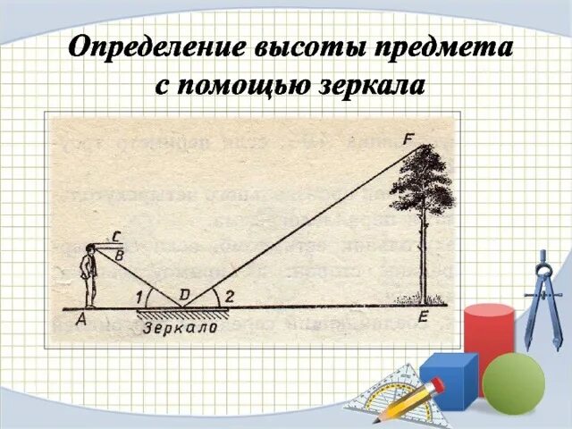 Определение высоты предмета геометрия. Измерение высоты предмета. Измерение высоты предмета с помощью зеркала. Способы определения высоты предмета. Определить высоту объекта.