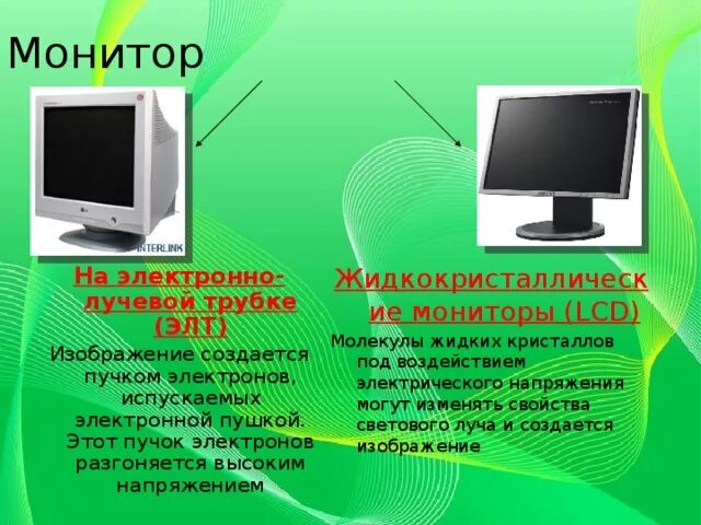 Использование мониторов на основе электронно лучевых трубок. Жидкокристаллические экраны и электронно лучевые трубки. Электронно лучевые мониторы характеристики. Жидкокристаллический дисплей лучевая трубка. Характеристики монитора на электронно лучевой трубке.