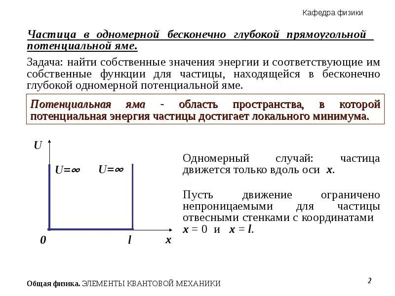 Частицы в одномерной прямоугольной потенциальной яме. Одномерная прямоугольная потенциальная яма. Потенциальная яма и потенциальный барьер. Частица в одномерной потенциальной яме. Движение микрочастицы в одномерной потенциальной яме.