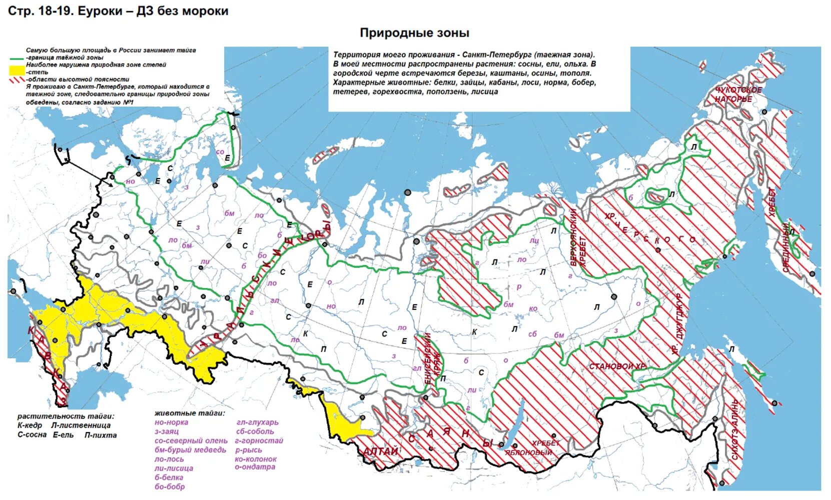 Штриховкой обозначьте территорию распространения смешанных лесов подпишите