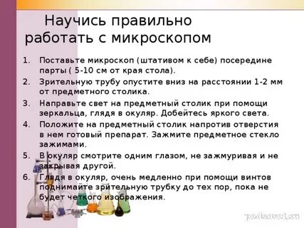Правильная последовательность работы с микроскопом
