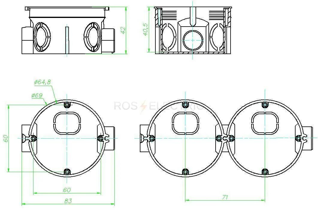 Какой диаметр розеток. Подрозетник Schneider Electric 68х47 мм чертеж. Разметка подрозетников 68 мм. Разметка отверстий под подрозетники 68 мм. Монтажная коробка d68 чертеж.