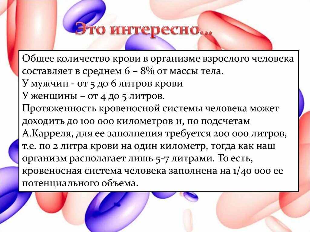 Количество крови в организме взрослого человека составляет