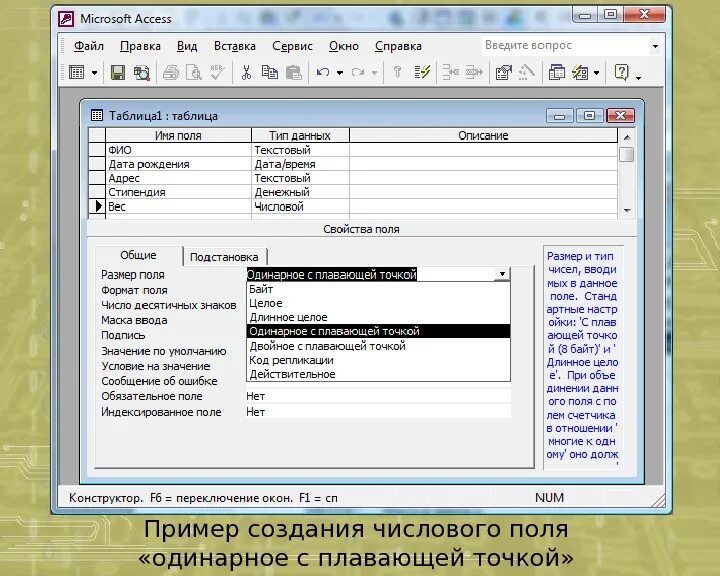 Поля в access. Размер поля в access. Целое числового типа данных access. Одинарное с плавающей точкой access что это.