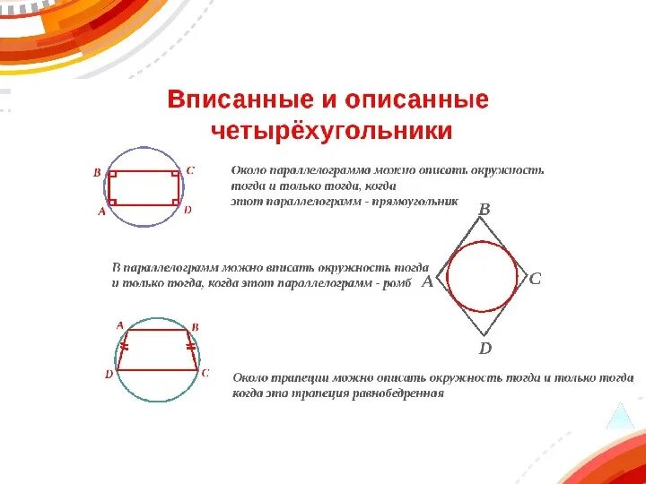 Тест по теме вписанная и описанная окружность. Окружность вписанная в параллелограмм свойства. Описанная и вписанная окружность четырехугольника. Вписанная окружность в четырехугольник 8 класс. Признаки вписанного четырехугольника в окружность.