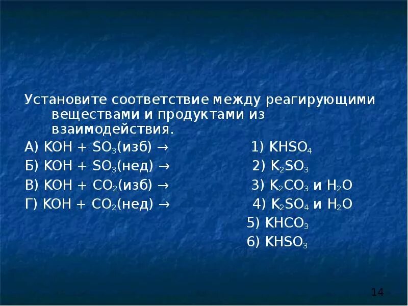 Koh+co2 изб. Реагирующие вещества и продукты взаимодействия Koh. Koh so2 изб. Koh so3 избыток.