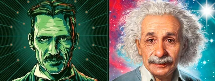 Ньютон тесла. Эйнштейн Тесла Ньютон арт. Эйнштейн и Тесла фото.