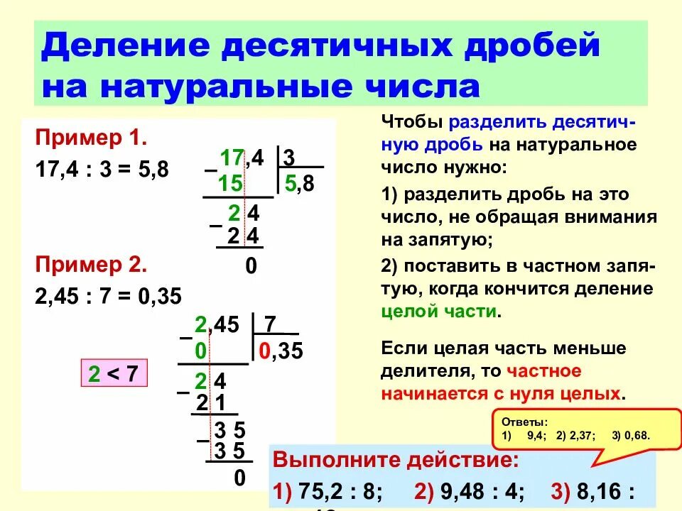 Правила умножения и деления десятичных дробей. Схема деления десятичных дробей на натуральное число. Умножение и деление десятичных дробей на натуральное число. Правило умножения и деления десятичных дробей.